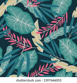 Summer seamless pattern with colorful tropical leaves on a dark background. Vector design. Flat jungle print. Floral background.