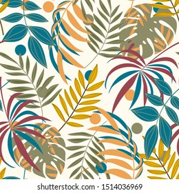 Summer seamless pattern with colorful tropical leaves on white background. Floral seamless vector tropical pattern background with exotic leaves, jungle leaf. Illustration in Hawaiian style.