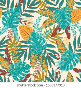 Summer seamless pattern with colorful tropical leaves and plants. Illustration in Hawaiian style. Jungle leaves. Vector background for various surface. Floral pattern. Exotic wallpaper.