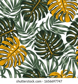 Summer seamless pattern with colorful tropical plants and leaves. Illustration in Hawaiian style. Jungle leaves. Botanical pattern. Vector background for various surface. Exotic wallpaper.
