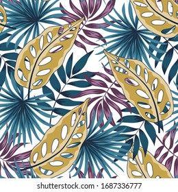 Summer seamless pattern with colorful tropical plants and leaves on a white background. Exotic design for fabric, paper, cover, interior decor and other users. Jungle leaves. Botanical pattern.  