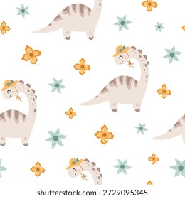 Patrón sin fisuras de verano con coqueta dinosaurio y flores. Fondo lindo de la muchacha del dinosaurio, papel de repetición animal jurásico, Ilustración vectorial de los niños.
