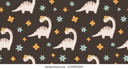 Patrón sin fisuras de verano con coqueta dinosaurio y flores. Fondo lindo de la muchacha del dinosaurio, papel de repetición animal jurásico, Ilustración vectorial de los niños.