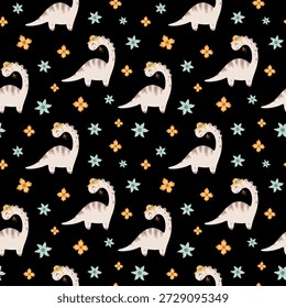 Patrón sin fisuras de verano con coqueta dinosaurio y flores. Fondo lindo de la muchacha del dinosaurio, papel de repetición animal jurásico, Ilustración vectorial de los niños.