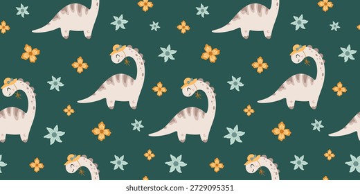 Patrón sin fisuras de verano con coqueta dinosaurio y flores. Fondo lindo de la muchacha del dinosaurio, papel de repetición animal jurásico, Ilustración vectorial de los niños.