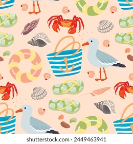 Summer seamless pattern with crab and seagull.Background with beach bag, shells, flip flops,inflatable ring.Colorful print on fabric and paper.Vector design for use in card,banner template,wallpaper.