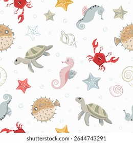Summer seamless pattern with crab, seahorse, starfish, sea turtle, puffer fish and water bubbles on white background