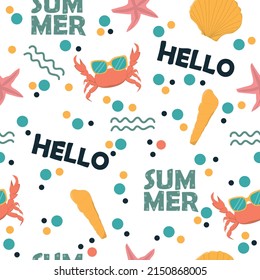 Summer seamless pattern. Crab in sunglasses and starfish background