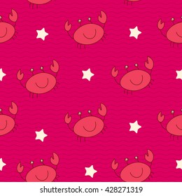 Summer seamless pattern with crabs and waves. Vector background.