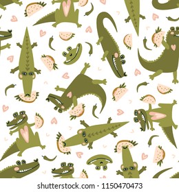 Summer seamless pattern with crocodiles and tacos. Mexican repeated background. Vector bright print for baby fabric or wallpaper.