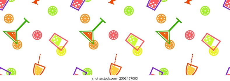 Summer seamless pattern. Cups with drink and fruit slices on white background. For cover design, fabric, wrapping paper, wallpaper. Vector graphics 