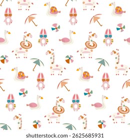 Summer seamless pattern with cute animals enjoying beach relax. Giraffes, bunnies, and ducks with beach balls and umbrellas. Fun design for kids products, fabric, and wrapping paper