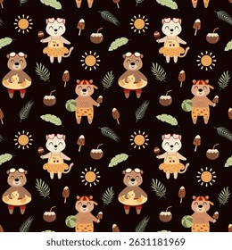 Summer seamless pattern with cute animals and seasonal beach objects. Adorable summer hand drawn vector design in flat cartoon style for kids.