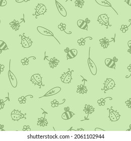 Summer seamless pattern of cute bees, ladybugs and flowers. Perfect for T-shirt, textile and prints. Doodle vector illustration for decor and design. 