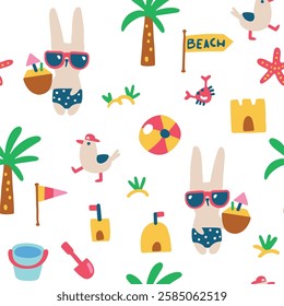 Summer seamless pattern with cute bunny in swimming trunks with coconut and seagulls on the beach walking among sandcastles. Vector childish hand drawn illustration in simple hand drawn modern style