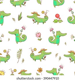 Summer seamless pattern with cute carton crocodiles, ice cream and cocktails.Animals and flowers on  white background. Vector image.