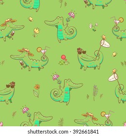 Summer seamless pattern with cute carton crocodiles, ice cream, sunglasses, net  and cocktails. Animals and flowers on  green  background. Vector image.