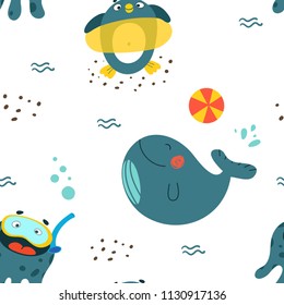 Summer seamless pattern with cute cartoon sea creatures - whale, penguin, octopus enjoying different water activities. Vector childish design texture for fabric, textille, backgrounds and cards.