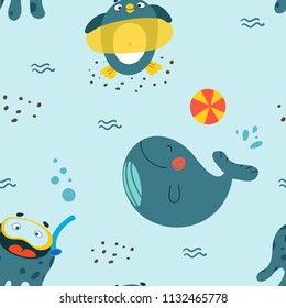 Summer seamless pattern with cute cartoon sea creatures - whale, penguin, octopus enjoying different water activities. Vector childish design texture for fabric, textille, backgrounds and cards.
