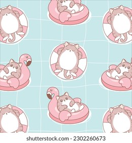 Summer seamless pattern with cute cat on swimming ring