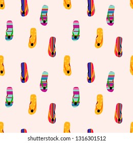 Summer  seamless pattern with cute colorful textured sandals. Pattern design in slipper. Summertime texture vector pink background