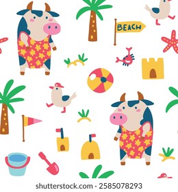 Summer seamless pattern with cute cow in swimsuit and seagulls on the beach walking among sandcastles. Vector childish hand drawn illustration in simple hand drawn modern style