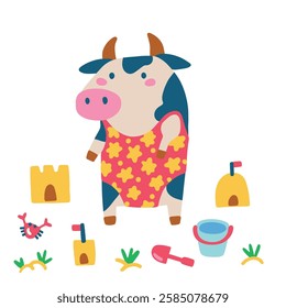 Summer seamless pattern with cute cow in swimsuit on the beach walking among sandcastles. Vector childish hand drawn illustration in simple hand drawn modern style