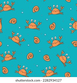 summer seamless pattern with cute crabs and shells on blue background. Kids print with cartoon elements, doodles for wallpaper, scrapbooking, apparel decor. EPS 10