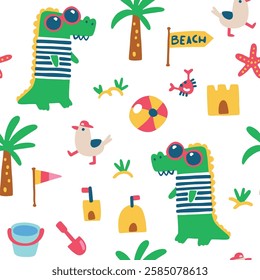 Summer seamless pattern with cute crocodile and striped sweater and seagulls on the beach walking among sandcastles. Vector childish hand drawn illustration in simple hand drawn modern style