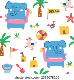 Summer seamless pattern with cute elephant with rubber band flamingo and seagulls on the beach walking among sandcastles. Vector childish hand drawn illustration in simple hand drawn modern style