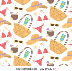 Summer seamless pattern with cute female accessories. Background with bikini, hat, bag, sunscreen, sunglasses and cocktail