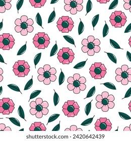 Patrón veraniego sin costuras con flores lindas al estilo de las caricaturas. Almacenar imagen aislada en un fondo blanco. Textura creativa para tela, papel.