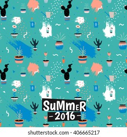 Summer Seamless Pattern with Cute Flowers and Hand Drawn Texture Background. Pop Art Style. Vector. illustration Design for poster, banner, card, invitation, placard, brochure, flyer.
