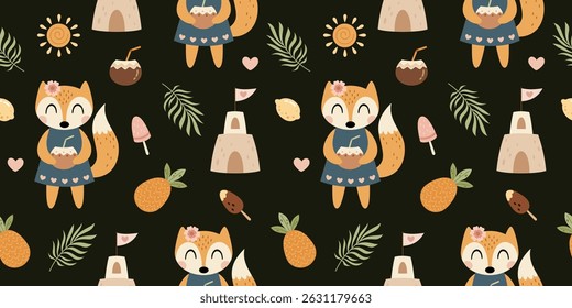 Summer seamless pattern with cute fox, sand castle, fruits, ice cream and seasonal beach objects. Adorable summer vector background