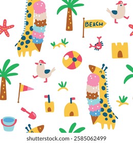 Summer seamless pattern with cute giraffe with big ice cream and seagulls on the beach walking among sandcastles. Vector childish hand drawn illustration in simple hand drawn modern style