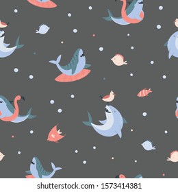 Summer seamless pattern with cute hand drawn funny sharks. Animal characters for wallpapers, background fill, wrapping paper, decoration