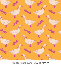 Summer seamless pattern with cute hand drawn geese and cute bows on pink background. Funny goose with tied bow. Print for fabric, wallpaper or wrapping paper. Vector illustration.