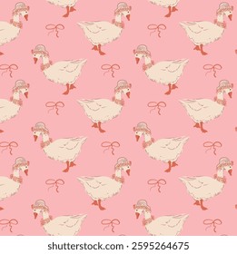 Summer seamless pattern with cute hand drawn geese in hat and coquettish bows on pink background. Funny goose with tied flirty bow. Print for fabric, wallpaper or wrapping paper. Vector illustration