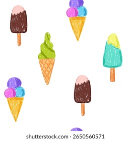 Summer seamless pattern of cute ice cream drawn with crayon brush texture