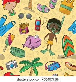 Summer seamless pattern with cute kids and beach objects