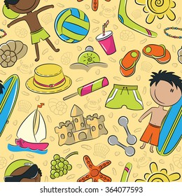 Summer seamless pattern with cute kids and beach objects