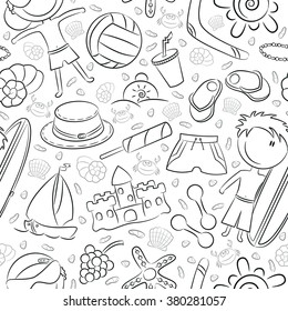 Summer seamless pattern with cute kids and beach objects