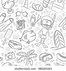 Summer seamless pattern with cute kids and beach objects