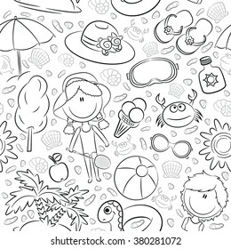 Summer seamless pattern with cute kids and beach objects