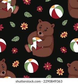Summer seamless pattern with a cute little bear with a beach ball and flowers. Hand-drawn colorful flat vector illustration. 