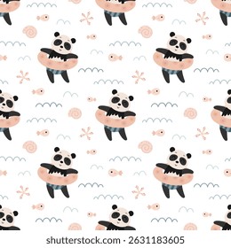 Summer seamless pattern with cute panda, fish, starfish, seashell and waves. Adorable sea pattern for kids. Whimsical summer bunny hand drawn vector design in flat cartoon style