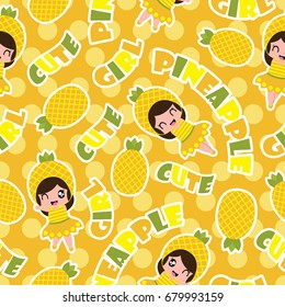 Summer seamless pattern with cute pineapple girls on orange polka dot background vector cartoon for summer wallpaper and scrap paper
