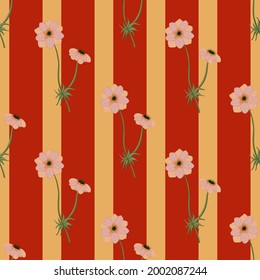 Summer seamless pattern with cute pink anemone flowers shapes. Red and orange striped background. Stock illustration. Vector design for textile, fabric, giftwrap, wallpapers.