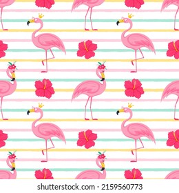 Summer seamless pattern with cute pink flamingos in a crown and pink glasses and hibiscus flowers. Bright vector illustrations in a flat cartoon style on white background with colored texture stripes