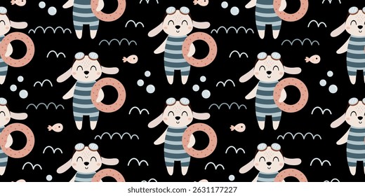 Summer seamless pattern with cute rabbit, fish and waves. Adorable sea pattern for kids. Whimsical summer bunny hand drawn vector design in flat cartoon style